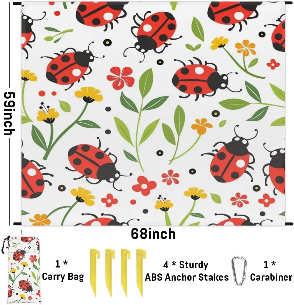 Ladybugs Beach Blanket, Sandproof Beach Mat, Adults Waterproof Quick Drying Sand Free Mat with 4 x Ground Spikes for Outdoor Travel Camping Hiking, Wildflowers Flowers