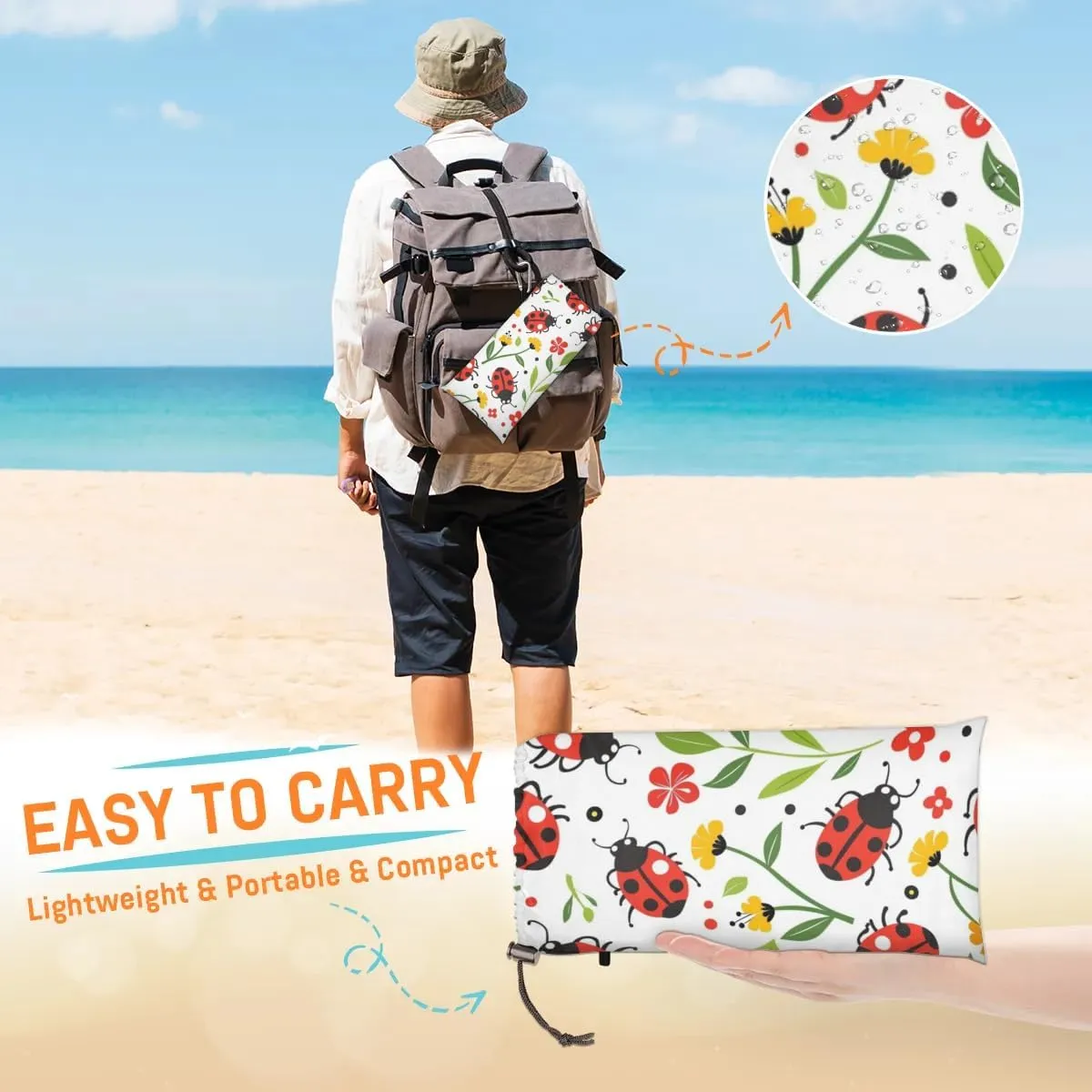 Ladybugs Beach Blanket, Sandproof Beach Mat, Adults Waterproof Quick Drying Sand Free Mat with 4 x Ground Spikes for Outdoor Travel Camping Hiking, Wildflowers Flowers