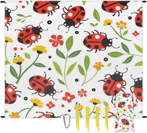 Ladybugs Beach Blanket, Sandproof Beach Mat, Adults Waterproof Quick Drying Sand Free Mat with 4 x Ground Spikes for Outdoor Travel Camping Hiking, Wildflowers Flowers