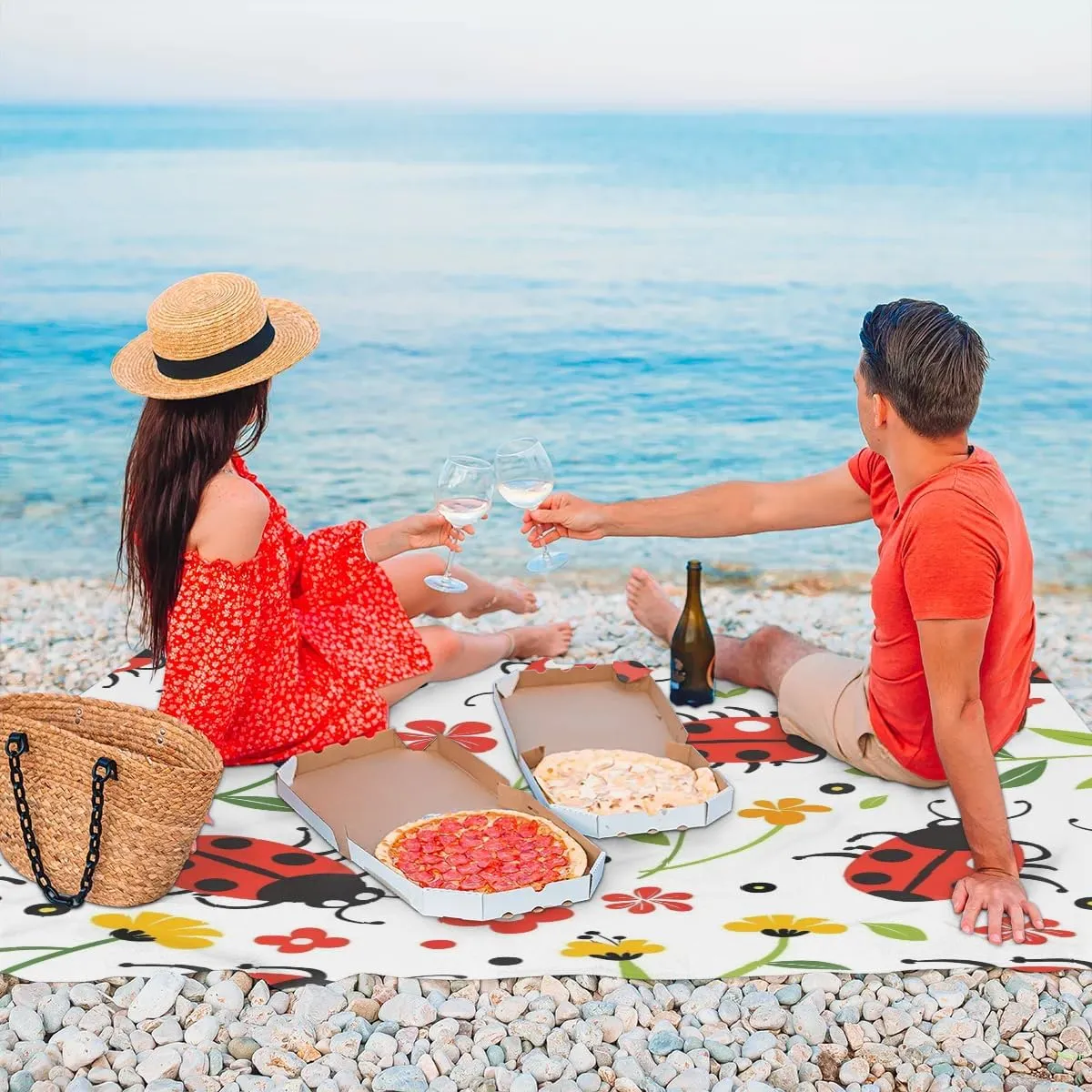 Ladybugs Beach Blanket, Sandproof Beach Mat, Adults Waterproof Quick Drying Sand Free Mat with 4 x Ground Spikes for Outdoor Travel Camping Hiking, Wildflowers Flowers