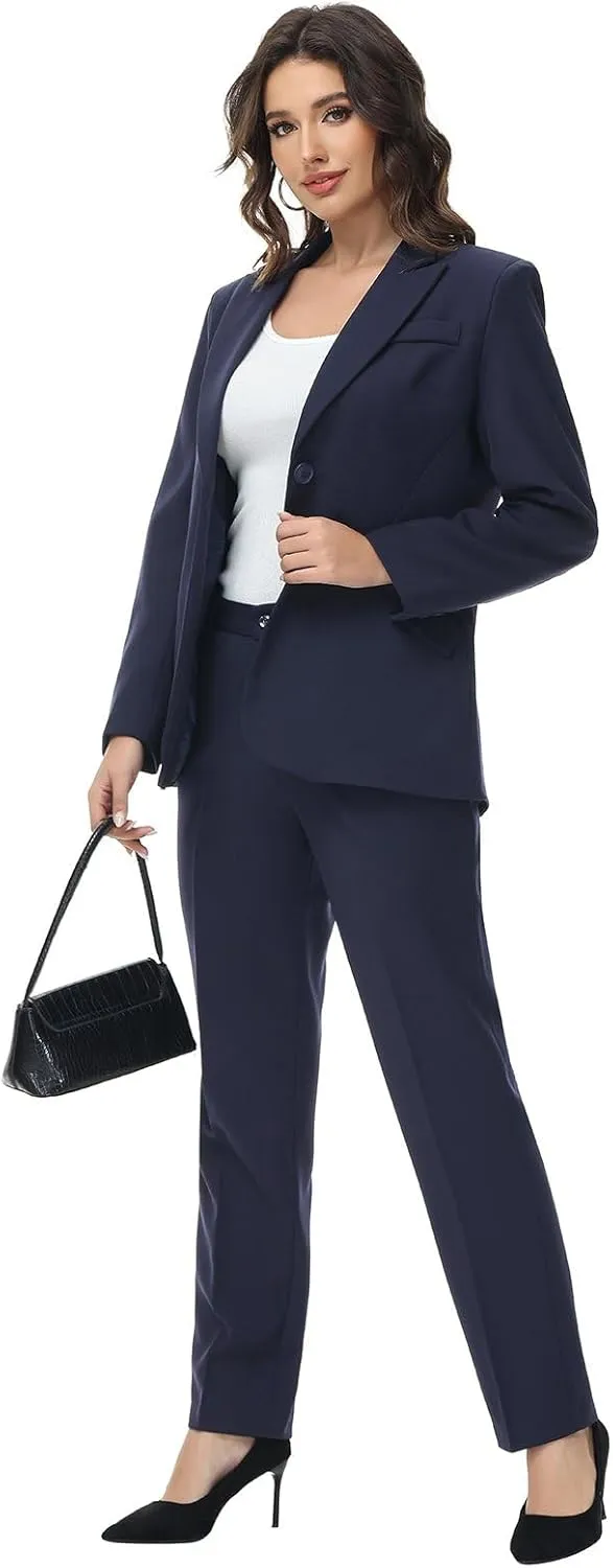 Lamgool Women Suit 2 Pieces Set One Button Lady's Business Formal Peak Lapel Blazer and Pants for Work
