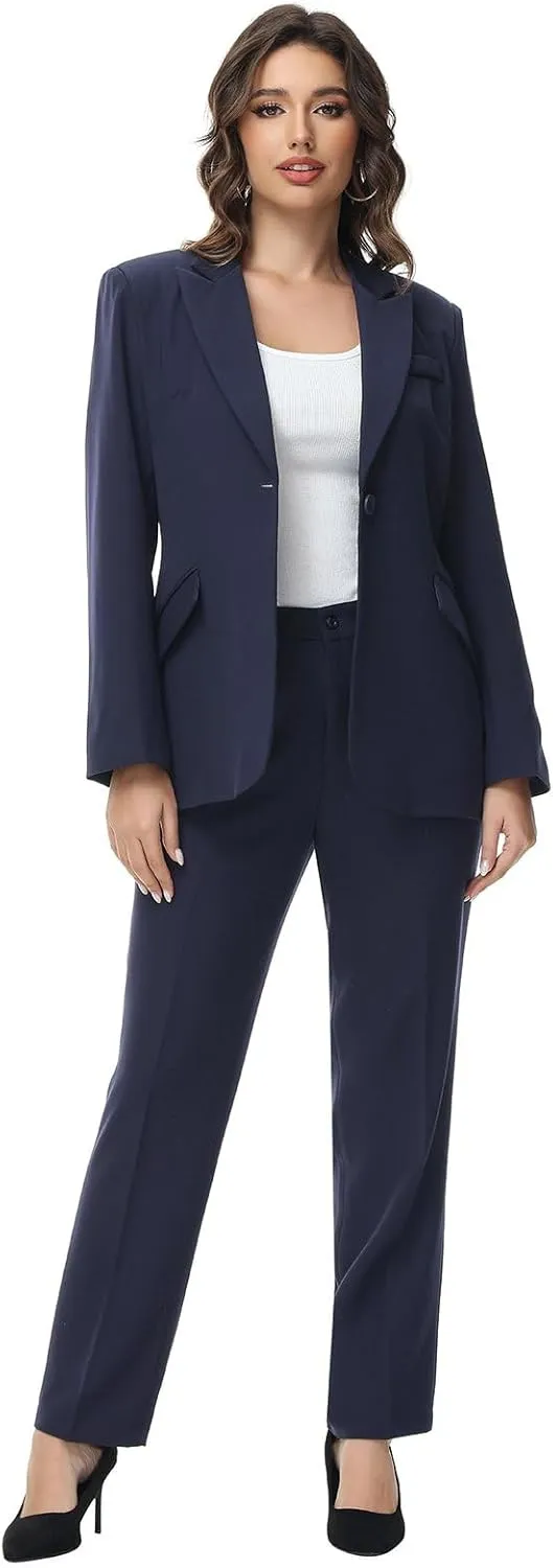 Lamgool Women Suit 2 Pieces Set One Button Lady's Business Formal Peak Lapel Blazer and Pants for Work