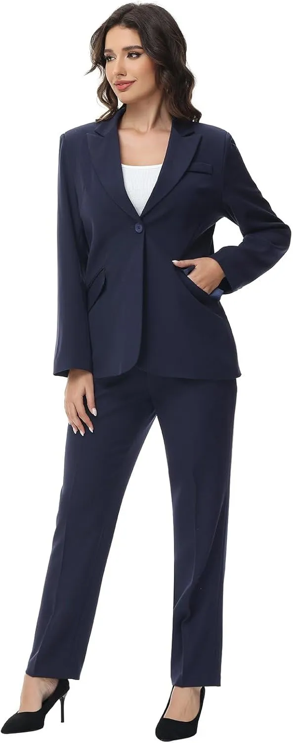 Lamgool Women Suit 2 Pieces Set One Button Lady's Business Formal Peak Lapel Blazer and Pants for Work