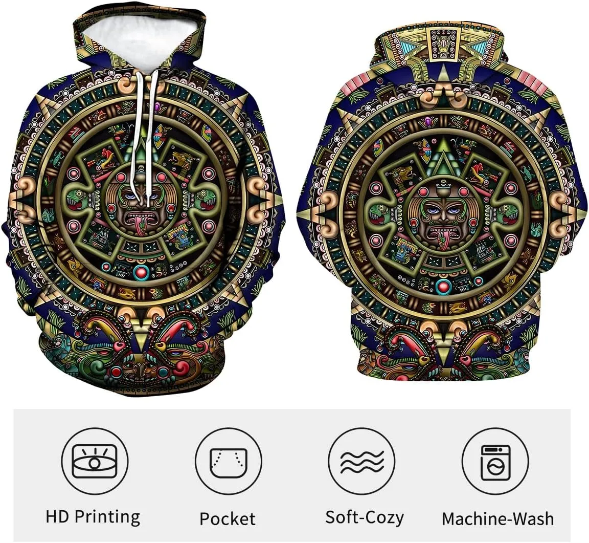LAOLIUSN Men's Aztec Hoodie with Mayan Totems Design Mexican Themed Printed Sweatshirt