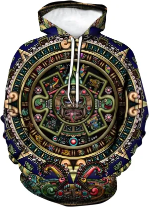 LAOLIUSN Men's Aztec Hoodie with Mayan Totems Design Mexican Themed Printed Sweatshirt