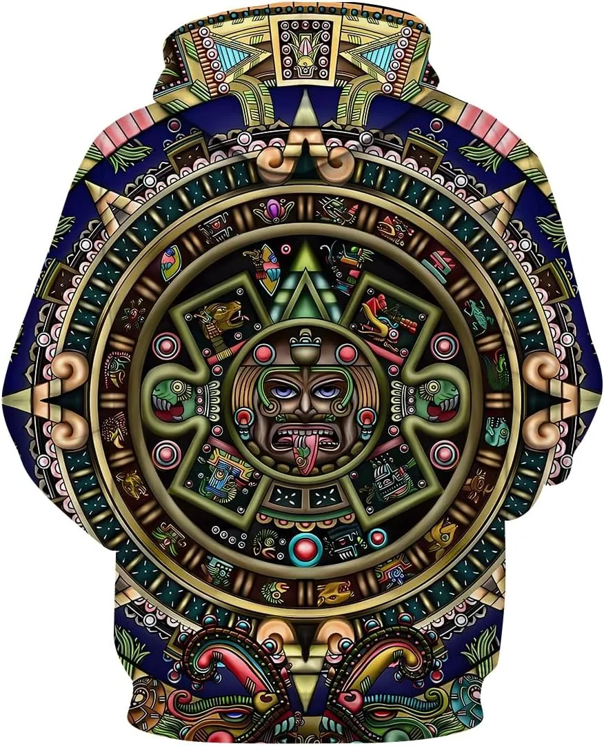 LAOLIUSN Men's Aztec Hoodie with Mayan Totems Design Mexican Themed Printed Sweatshirt