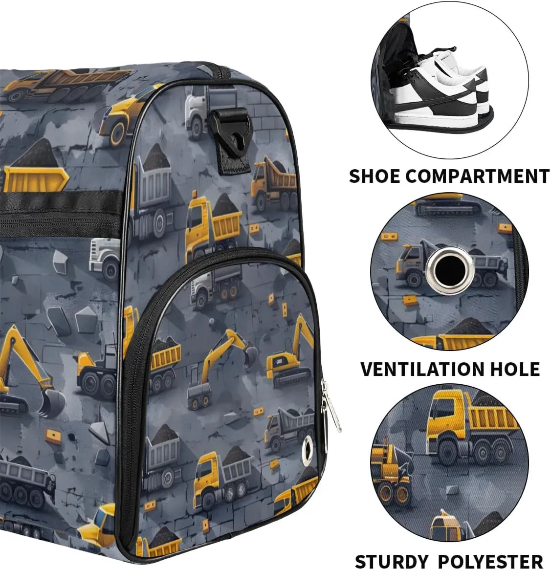 Large Gym Bag Custom Duffel Bag for Women Luggage Bag for Adults Weekender Men Football Bags for Equipment Engineering Vehicles Grey Travel Duffel Bag