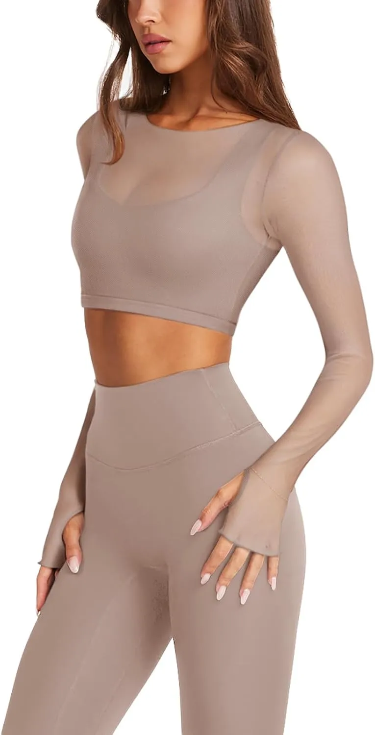LASLULU Mesh Long Sleeve Crop Tops for Women Double Lined Workout Athletic Gym Shirts Cropped Tops with Built in Bra
