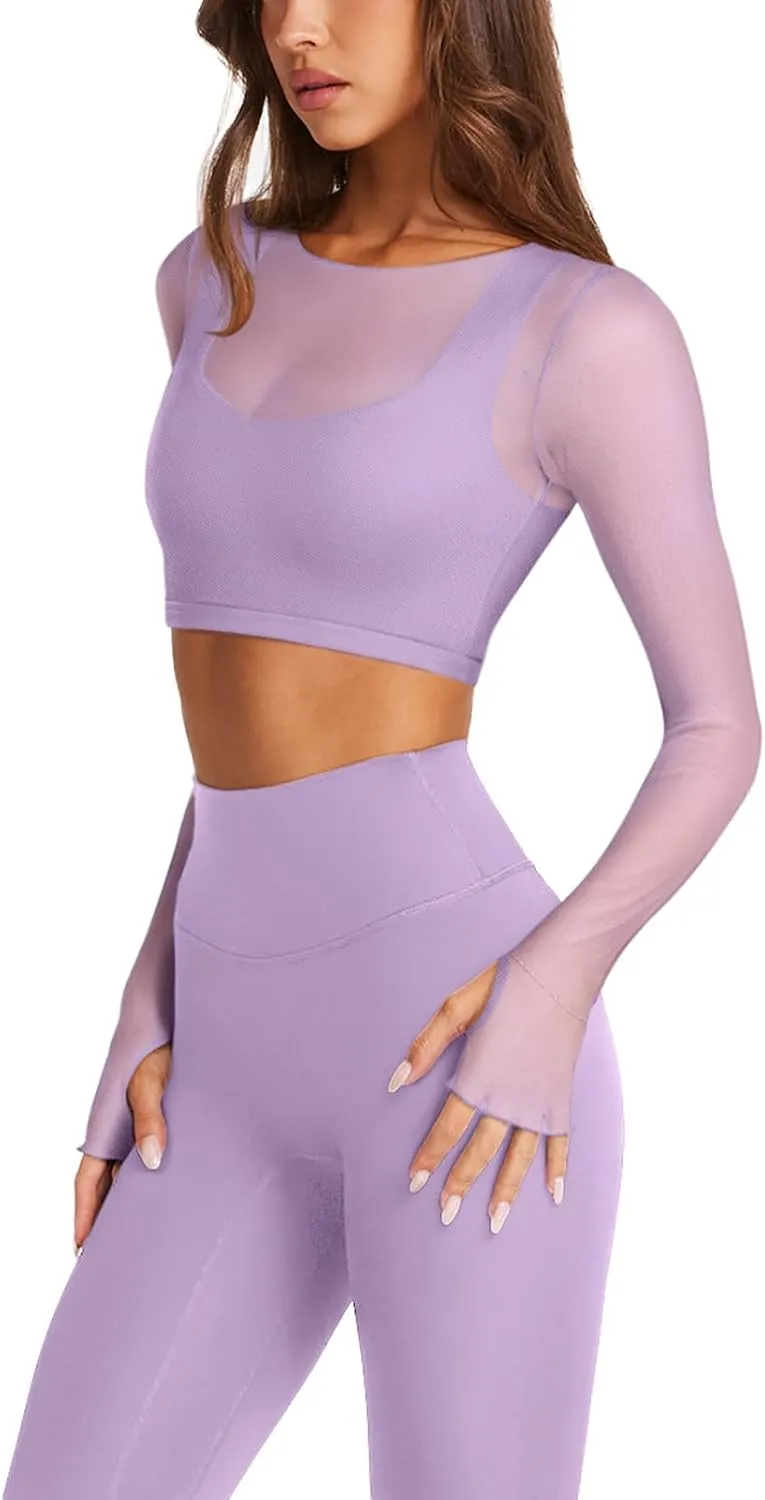 LASLULU Mesh Long Sleeve Crop Tops for Women Double Lined Workout Athletic Gym Shirts Cropped Tops with Built in Bra