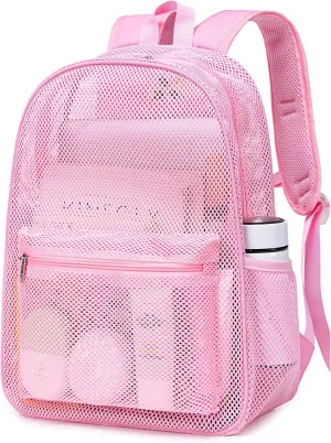 LEDAOU Mesh Backpack for Kids Girls Semi-Transparent Mesh School Backpack Bookbag Lightweight Casual Daypacks for Beach Gym(Pink)