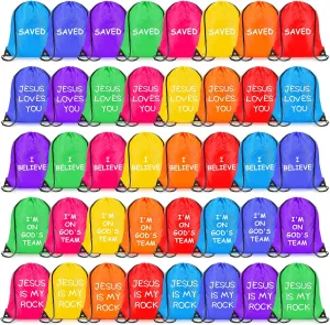 LEIFIDE 40 Pcs Bible Verse Drawstring Backpack Bulk,Christian String Backpack,Religious Gift Bags for Kids,Jesus Loves You Drawstring Bags for Church visit, First Communion,Sunday School,VBS,Sports