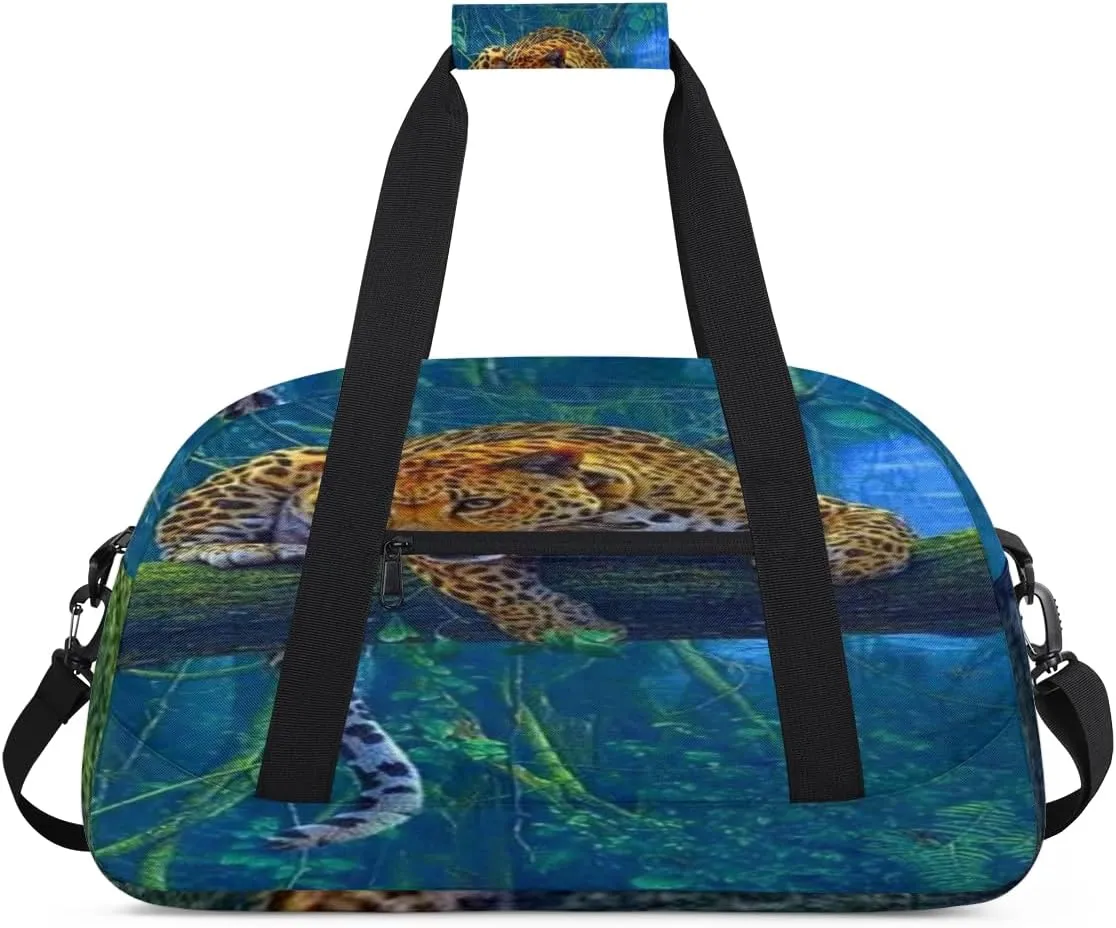 Leopard Lying Tree Gym Duffel Bag for Men Women Forest Leopard Sports Tote Bag with Adjustable Shoulder Strap for Dance Gymnastics Traveling Outdoor Camping Overnight Stay