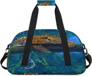 Leopard Lying Tree Gym Duffel Bag for Men Women Forest Leopard Sports Tote Bag with Adjustable Shoulder Strap for Dance Gymnastics Traveling Outdoor Camping Overnight Stay