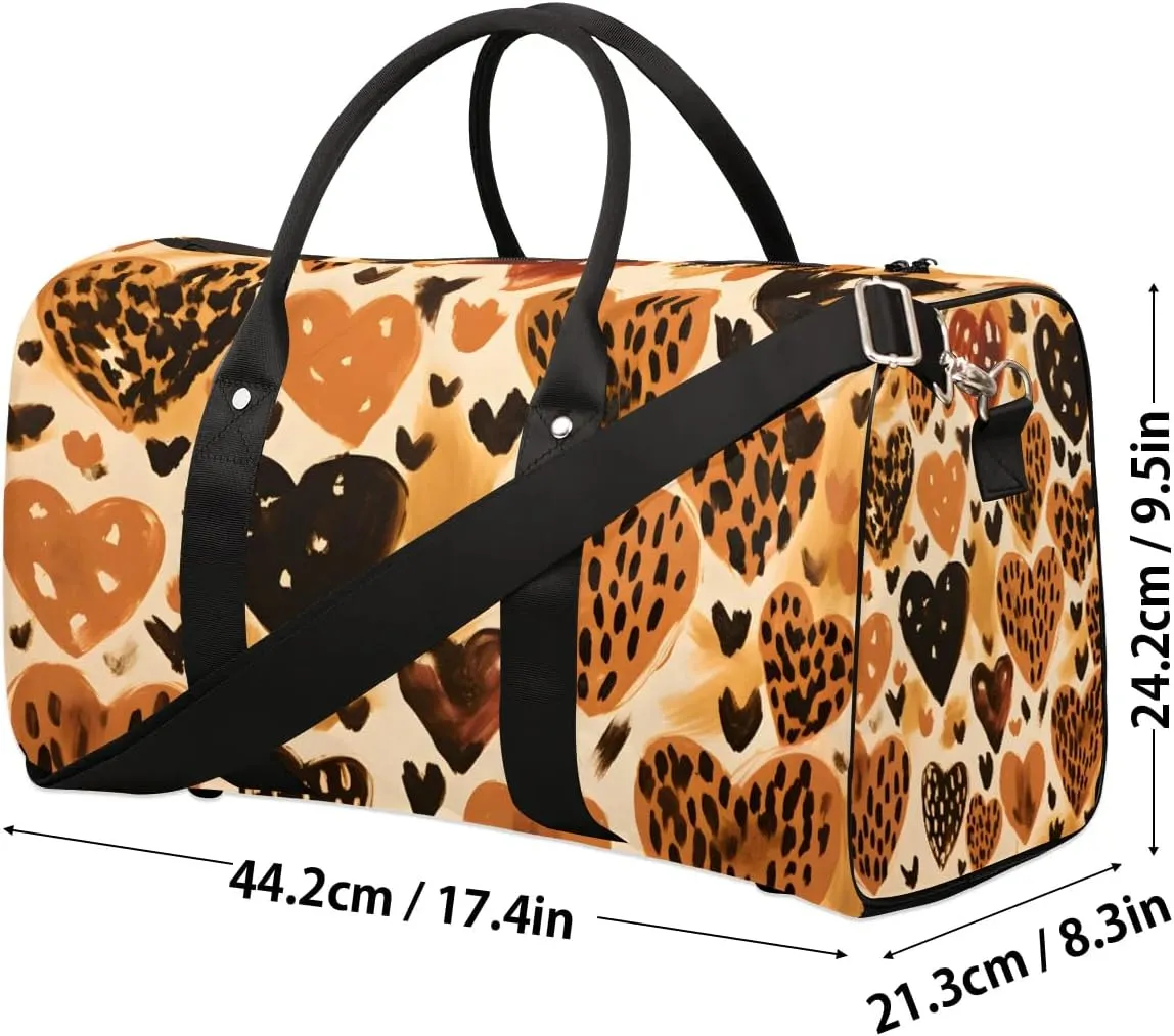 Leopard Skin Heart Print Travel Duffel Bag for Women Men Waterproof Foldable Overnight Weekender Bag Large Capacity Sports Gym Bag