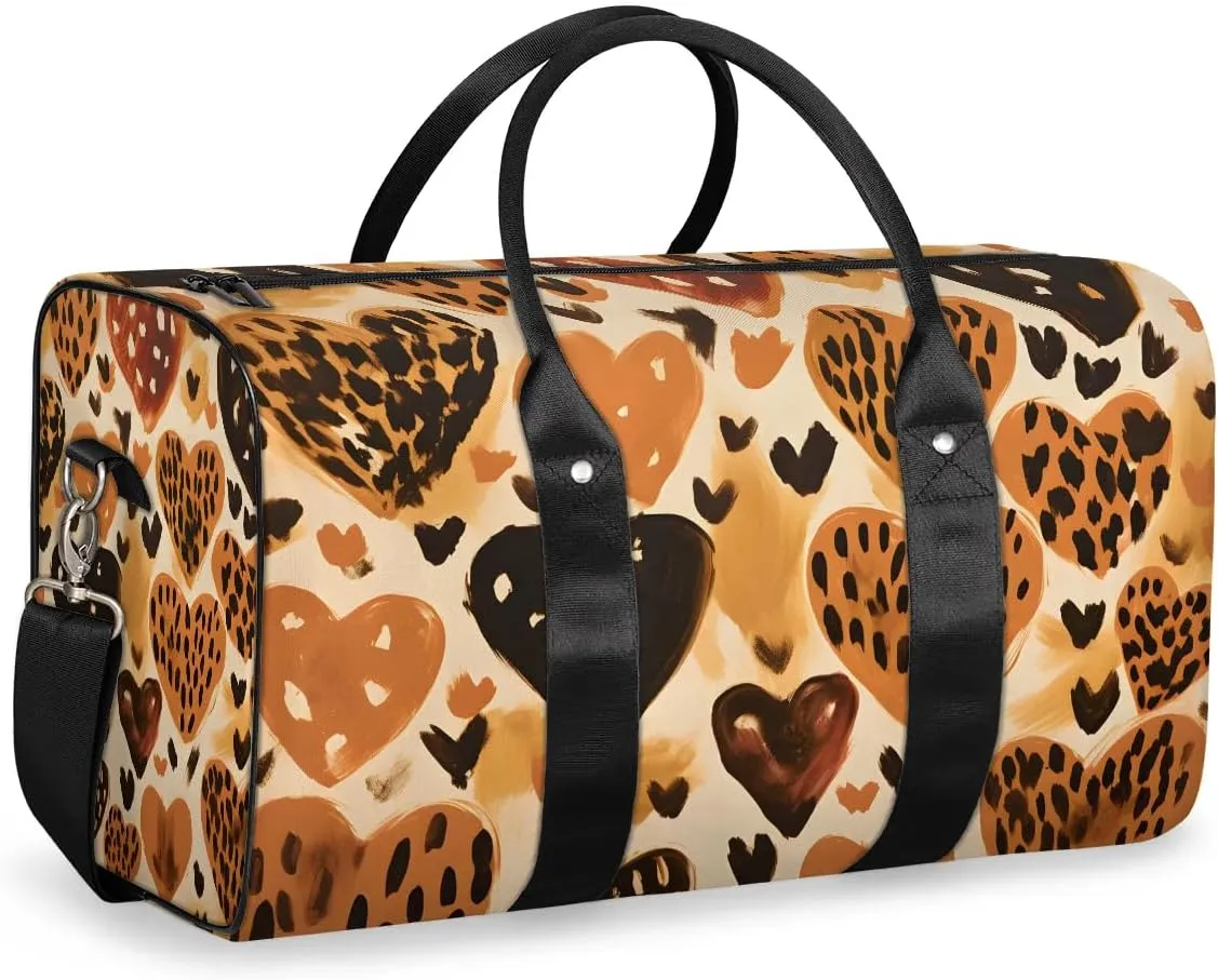 Leopard Skin Heart Print Travel Duffel Bag for Women Men Waterproof Foldable Overnight Weekender Bag Large Capacity Sports Gym Bag