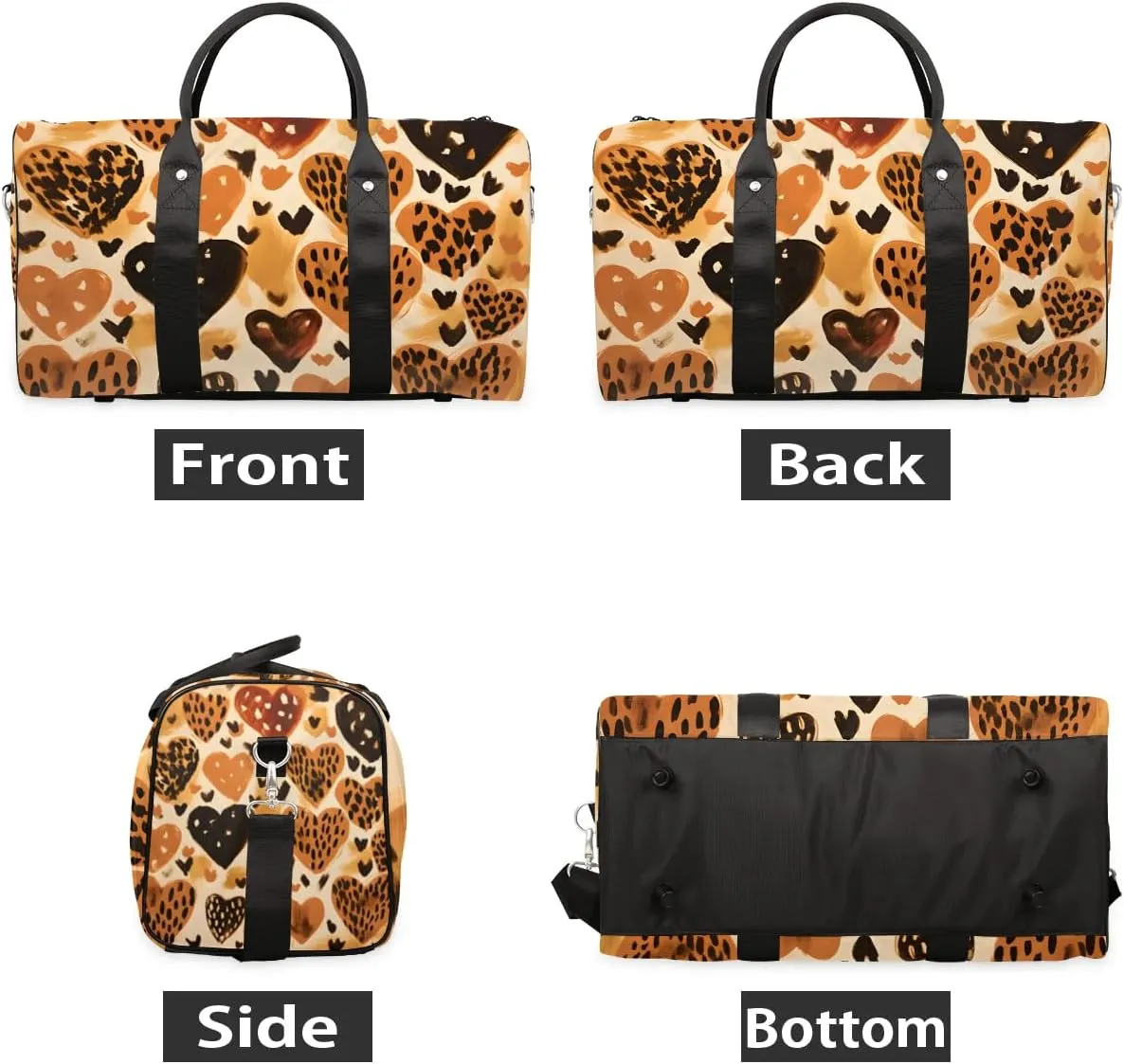 Leopard Skin Heart Print Travel Duffel Bag for Women Men Waterproof Foldable Overnight Weekender Bag Large Capacity Sports Gym Bag