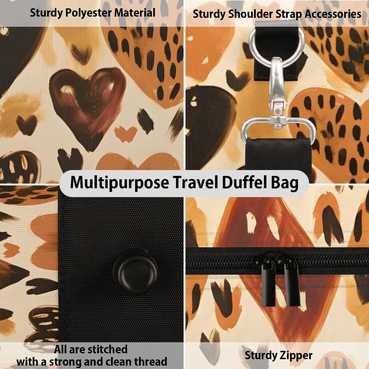 Leopard Skin Heart Print Travel Duffel Bag for Women Men Waterproof Foldable Overnight Weekender Bag Large Capacity Sports Gym Bag