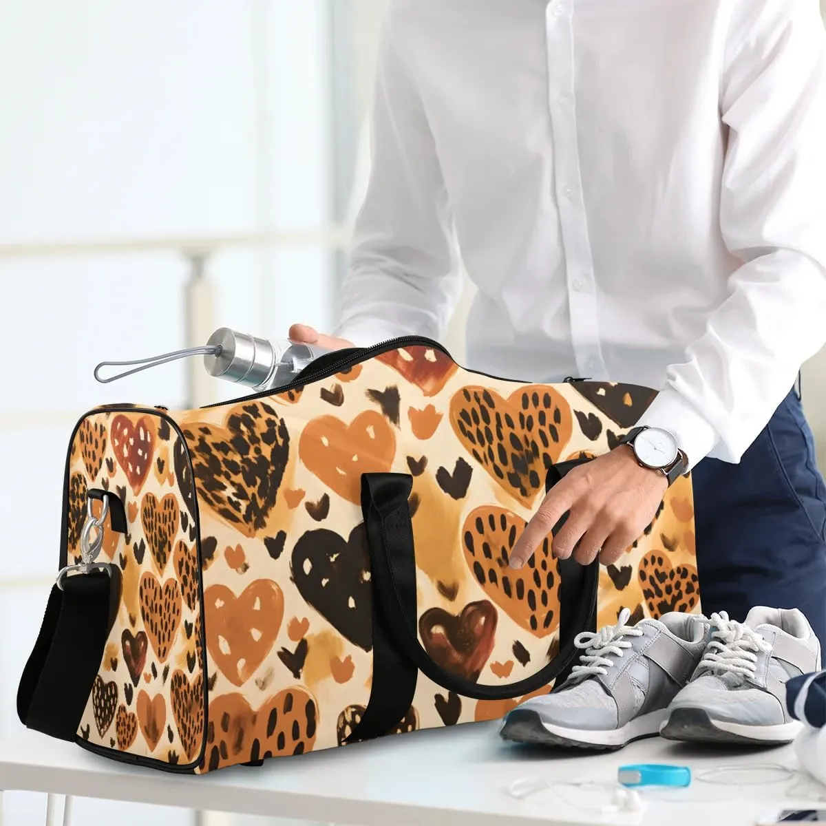Leopard Skin Heart Print Travel Duffel Bag for Women Men Waterproof Foldable Overnight Weekender Bag Large Capacity Sports Gym Bag