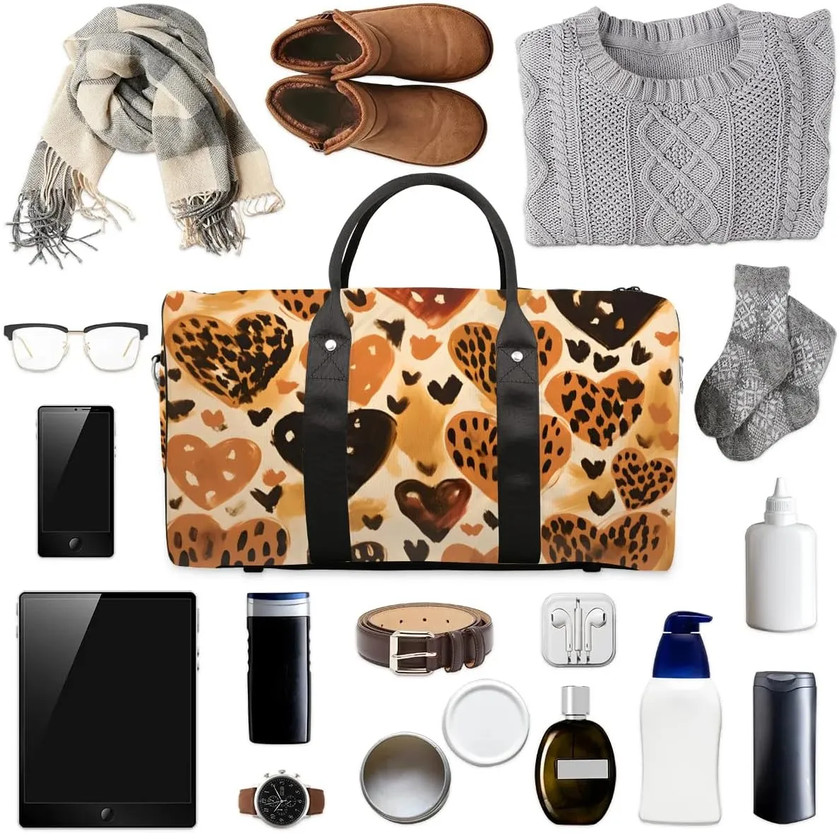 Leopard Skin Heart Print Travel Duffel Bag for Women Men Waterproof Foldable Overnight Weekender Bag Large Capacity Sports Gym Bag