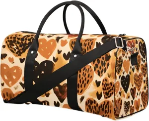 Leopard Skin Heart Print Travel Duffel Bag for Women Men Waterproof Foldable Overnight Weekender Bag Large Capacity Sports Gym Bag