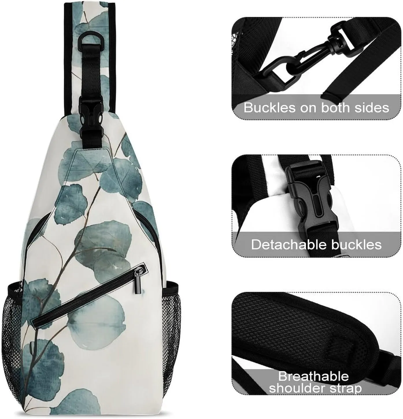 Lightweight Chest Bag Crossbody Bag Green Eucalyptus Leaves Sling Backpack for Women Men Sports Travel