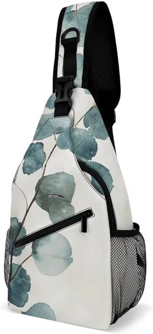 Lightweight Chest Bag Crossbody Bag Green Eucalyptus Leaves Sling Backpack for Women Men Sports Travel