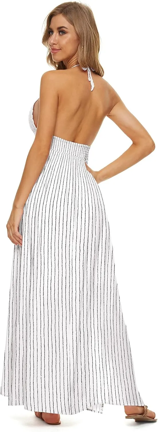 LILBETTER Women's Beach Crochet Backless Bohemian Halter Maxi Long Dress