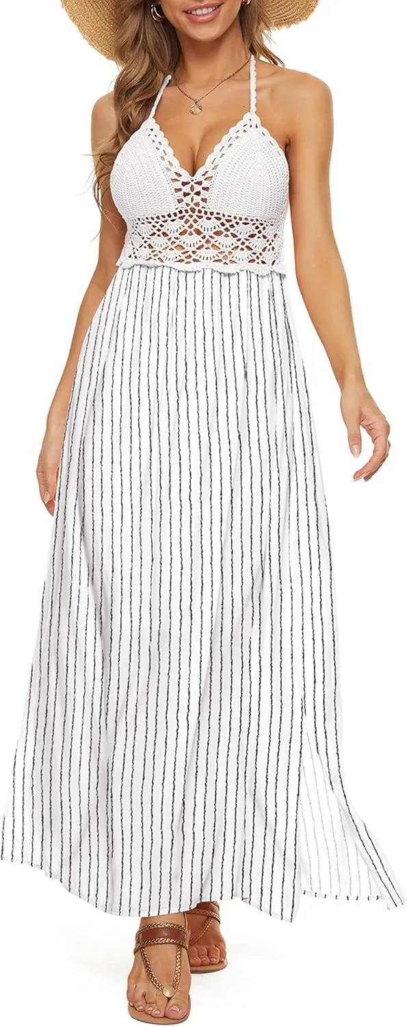 LILBETTER Women's Beach Crochet Backless Bohemian Halter Maxi Long Dress
