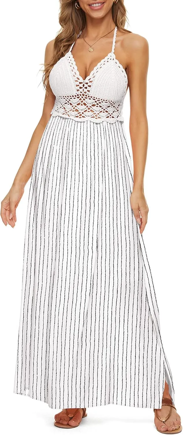 LILBETTER Women's Beach Crochet Backless Bohemian Halter Maxi Long Dress