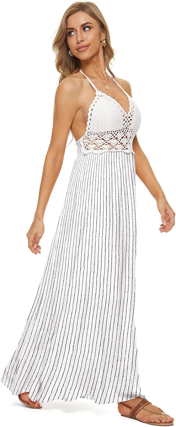 LILBETTER Women's Beach Crochet Backless Bohemian Halter Maxi Long Dress