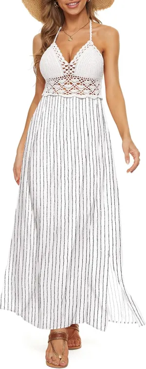 LILBETTER Women's Beach Crochet Backless Bohemian Halter Maxi Long Dress