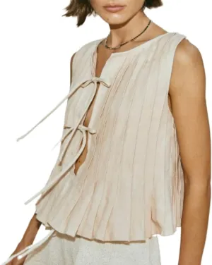 Linen Bow Tie Front Tank Top Women Coquette Pleated Peplum Blouse Y2K Babydoll Ruffle Shirt Sleeveless Tunic Outfits