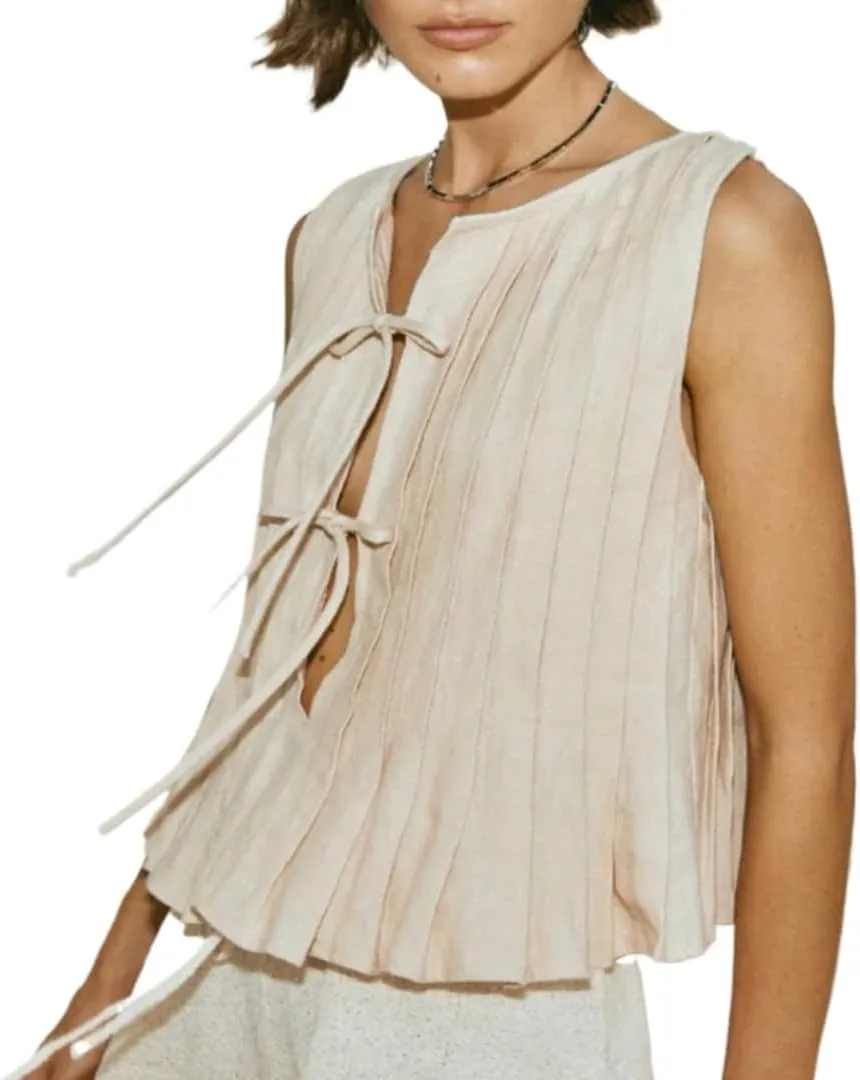 Linen Bow Tie Front Tank Top Women Coquette Pleated Peplum Blouse Y2K Babydoll Ruffle Shirt Sleeveless Tunic Outfits