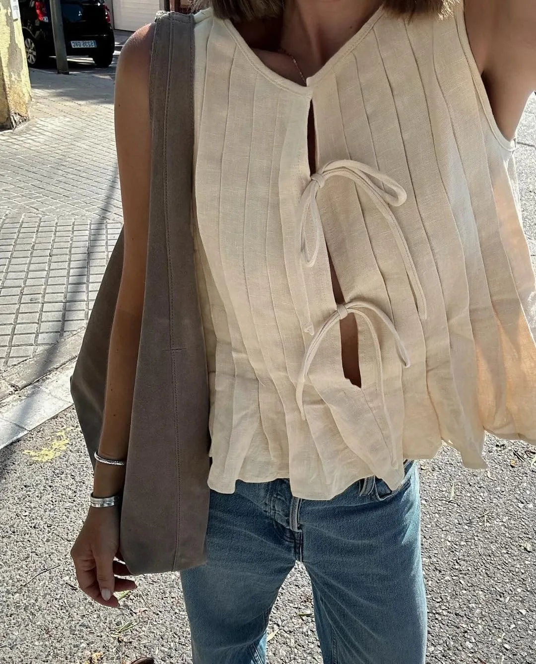 Linen Bow Tie Front Tank Top Women Coquette Pleated Peplum Blouse Y2K Babydoll Ruffle Shirt Sleeveless Tunic Outfits