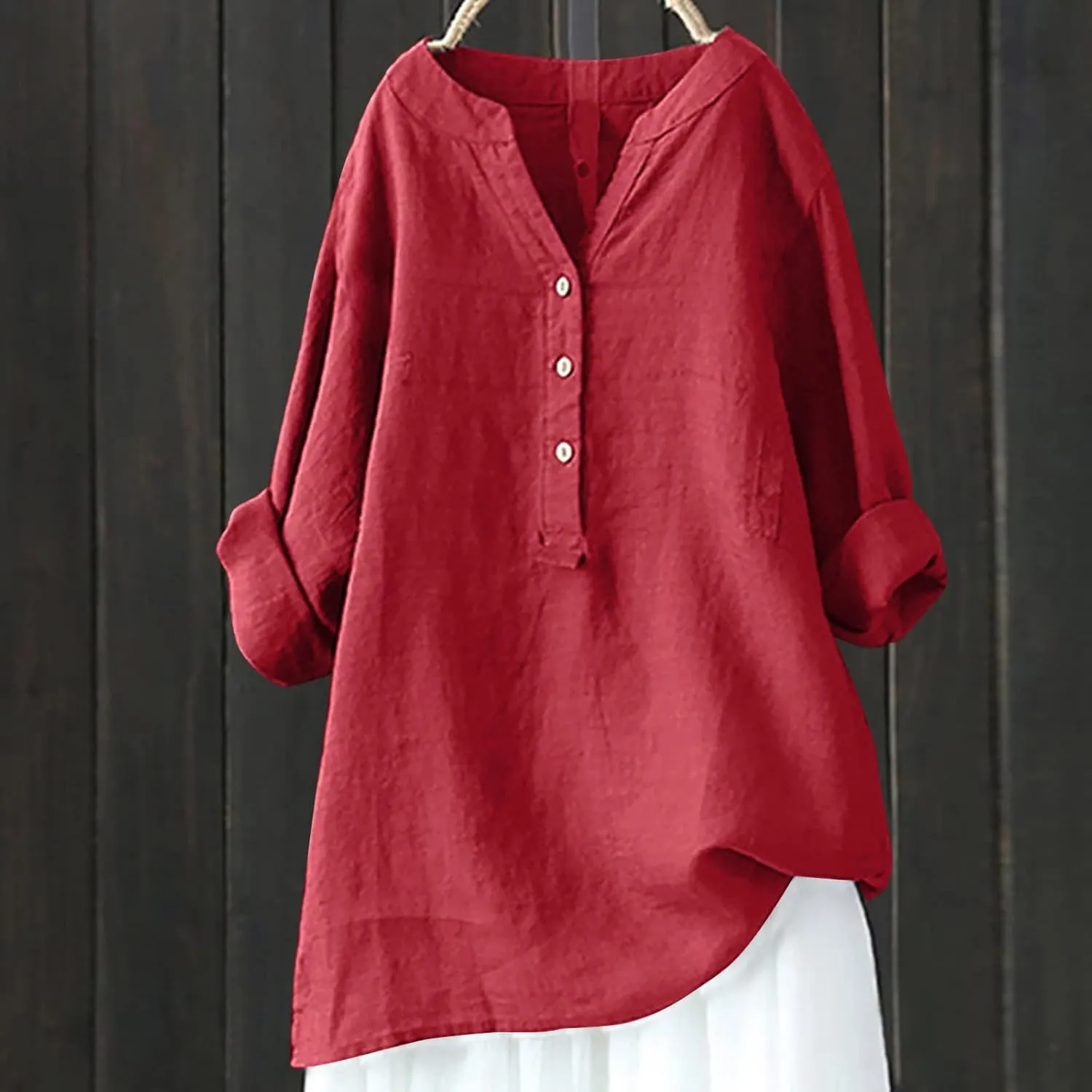 Linen Button Up Shirts for Women Plus Size Long Sleeve v Neck Summer Tops Loose Fit Dressy Casual Solid Blouses