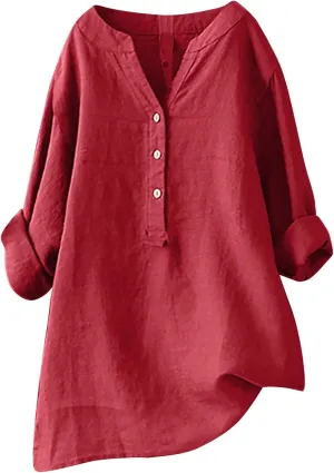 Linen Button Up Shirts for Women Plus Size Long Sleeve v Neck Summer Tops Loose Fit Dressy Casual Solid Blouses