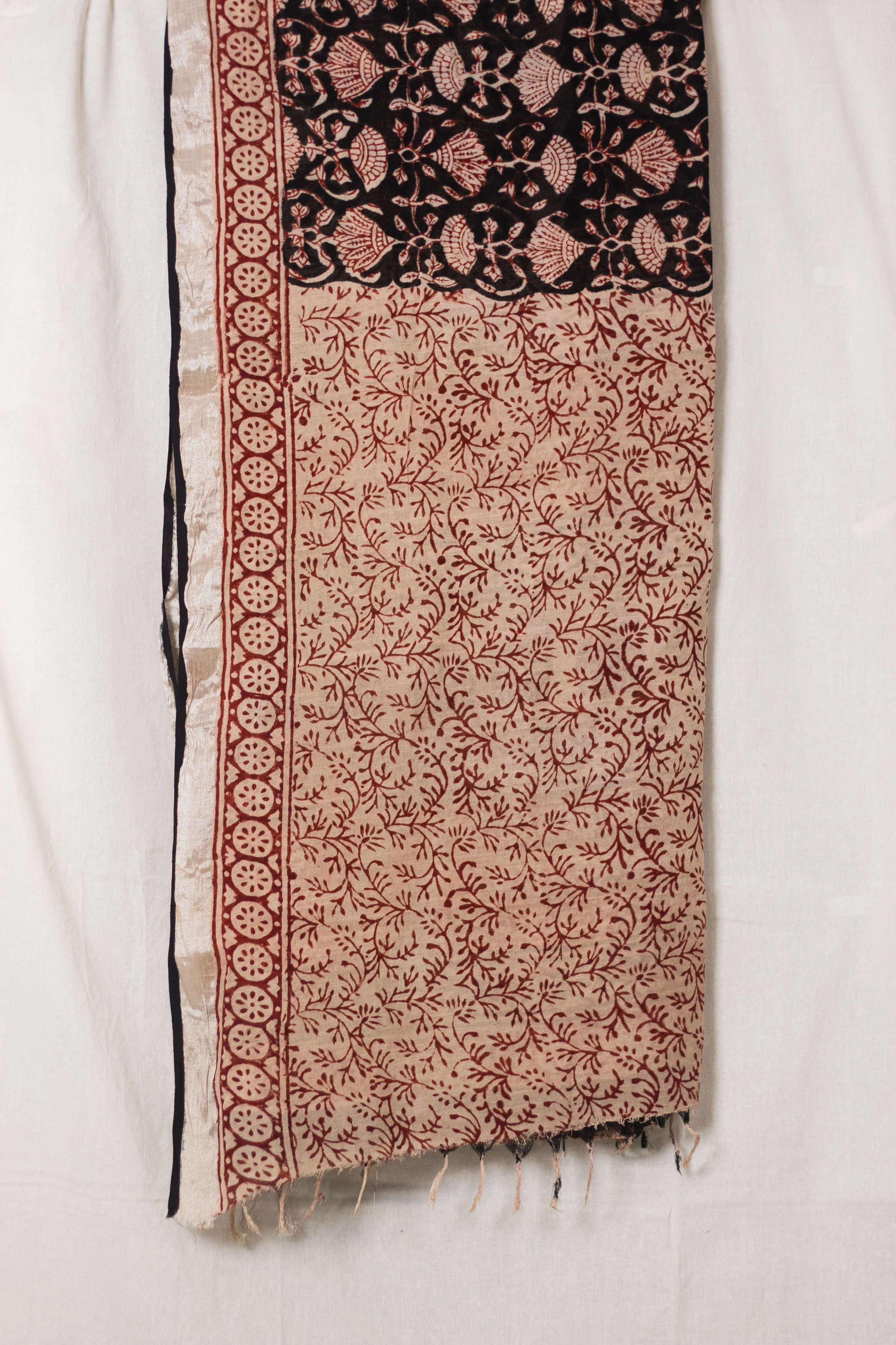 Linen Cotton Bagru Saree Raat Rani