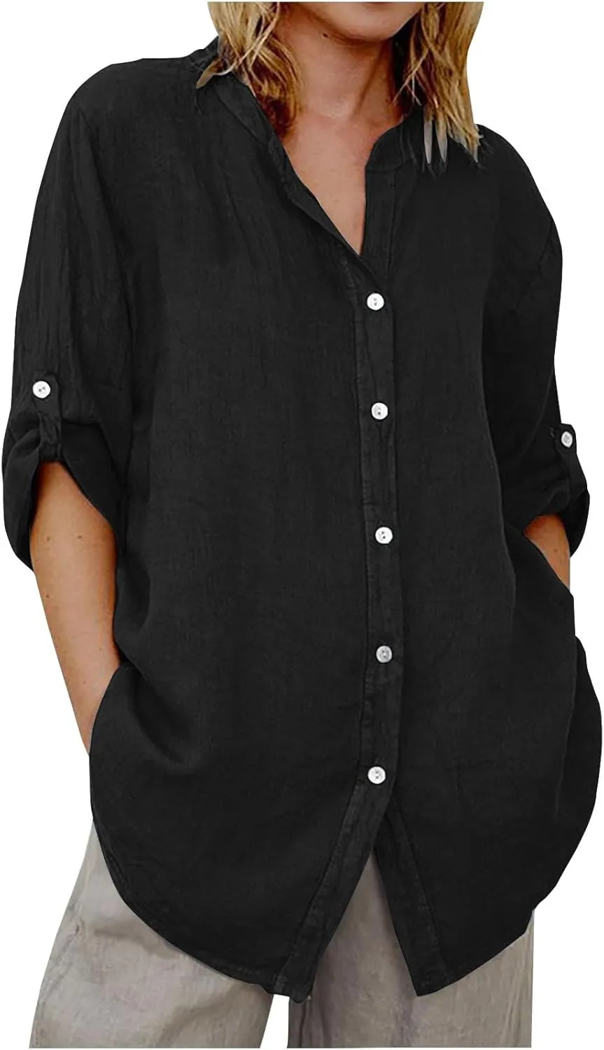 Linen Shirts for Women 3/4 Roll Up Sleeve Casual Loose Fit Button Down Boyfriend Blouses Beach Vacation Tunic Tops