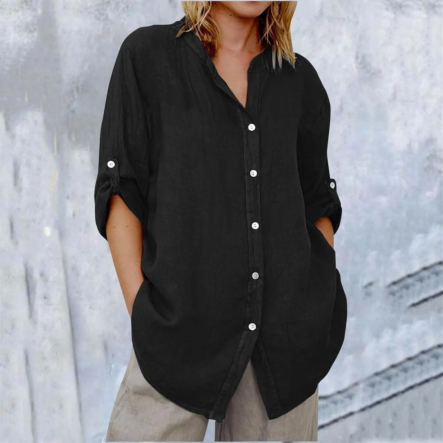 Linen Shirts for Women 3/4 Roll Up Sleeve Casual Loose Fit Button Down Boyfriend Blouses Beach Vacation Tunic Tops
