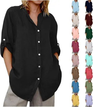 Linen Shirts for Women 3/4 Roll Up Sleeve Casual Loose Fit Button Down Boyfriend Blouses Beach Vacation Tunic Tops