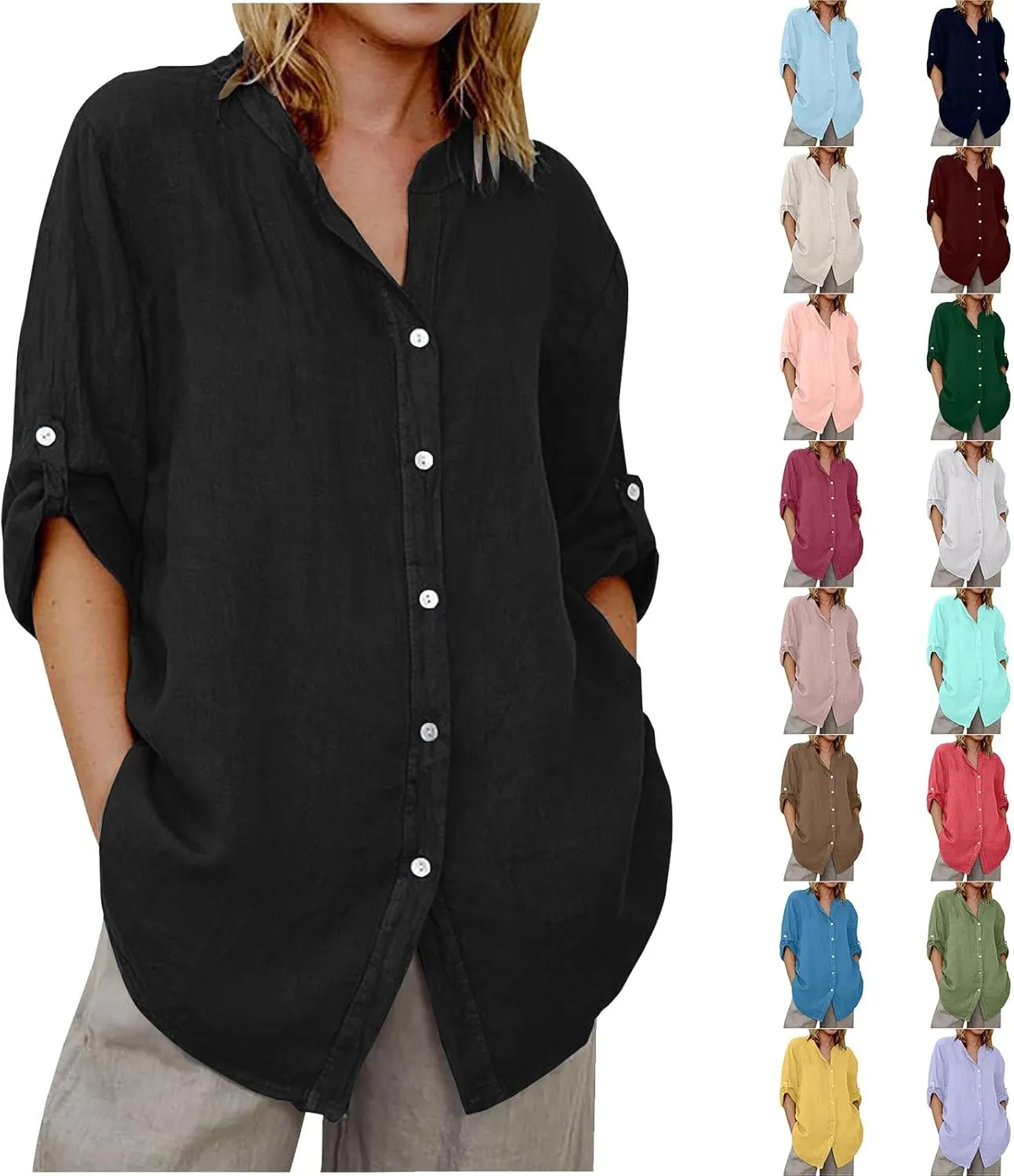 Linen Shirts for Women 3/4 Roll Up Sleeve Casual Loose Fit Button Down Boyfriend Blouses Beach Vacation Tunic Tops