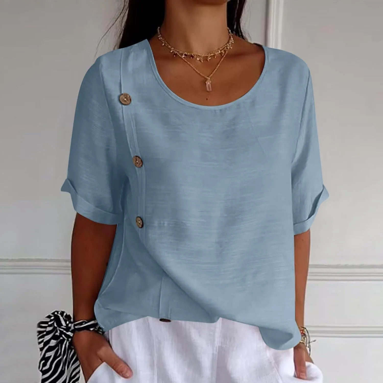 Linen Tops for Women Summer Loose Fit Crewneck Button Down Blouse Shirts Dressy Casual Short Sleeve Clothes