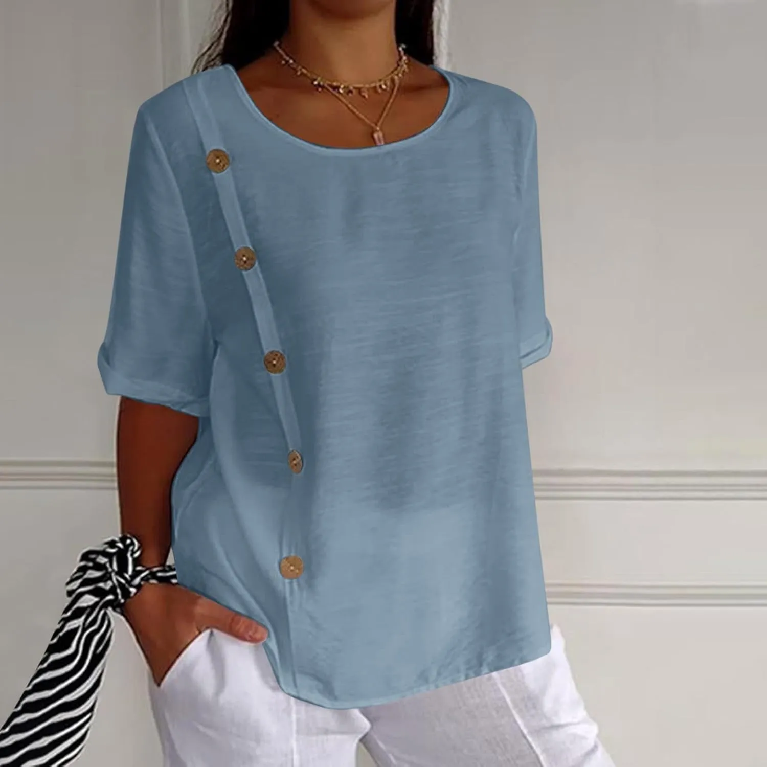 Linen Tops for Women Summer Loose Fit Crewneck Button Down Blouse Shirts Dressy Casual Short Sleeve Clothes