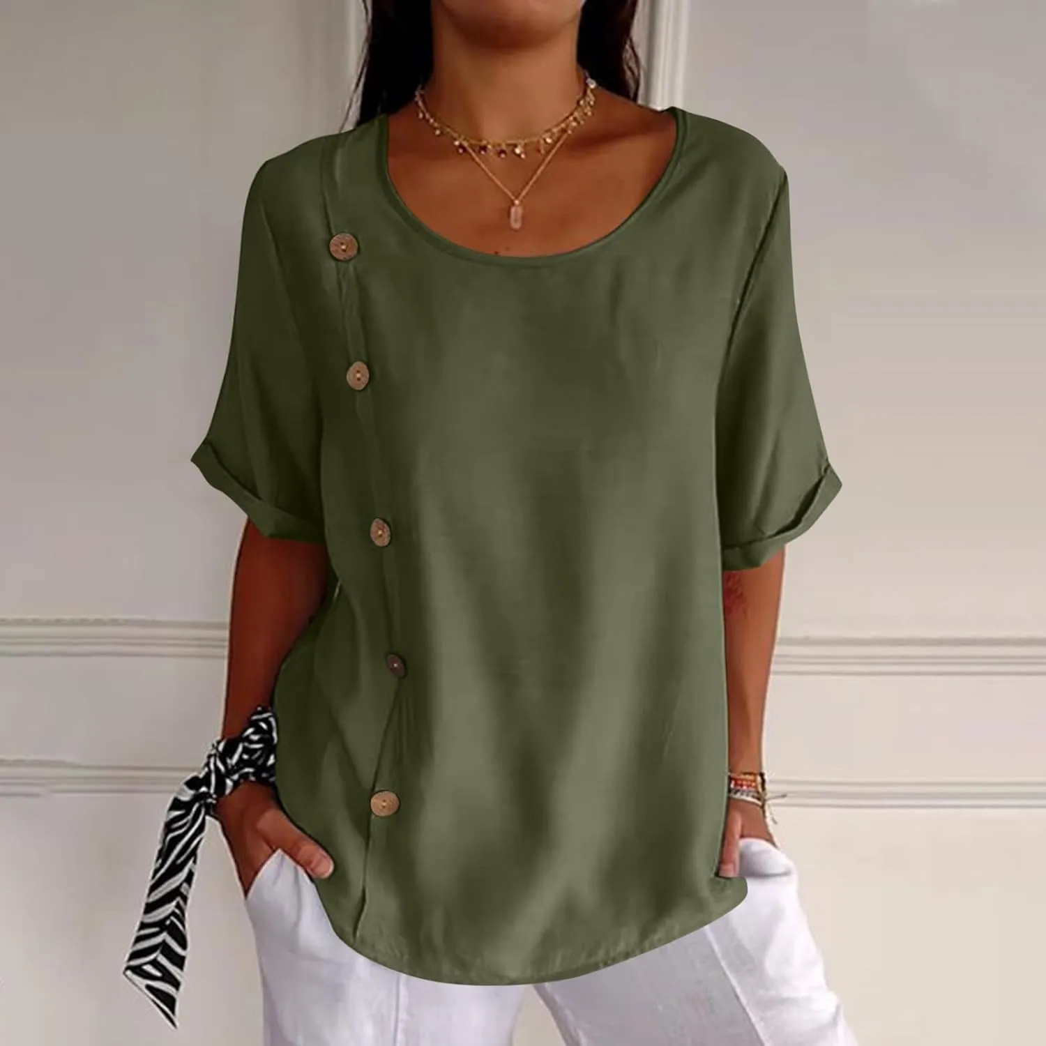 Linen Tops for Women Summer Loose Fit Crewneck Button Down Blouse Shirts Dressy Casual Short Sleeve Clothes