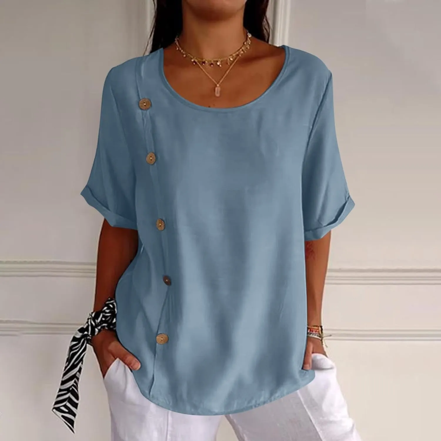 Linen Tops for Women Summer Loose Fit Crewneck Button Down Blouse Shirts Dressy Casual Short Sleeve Clothes
