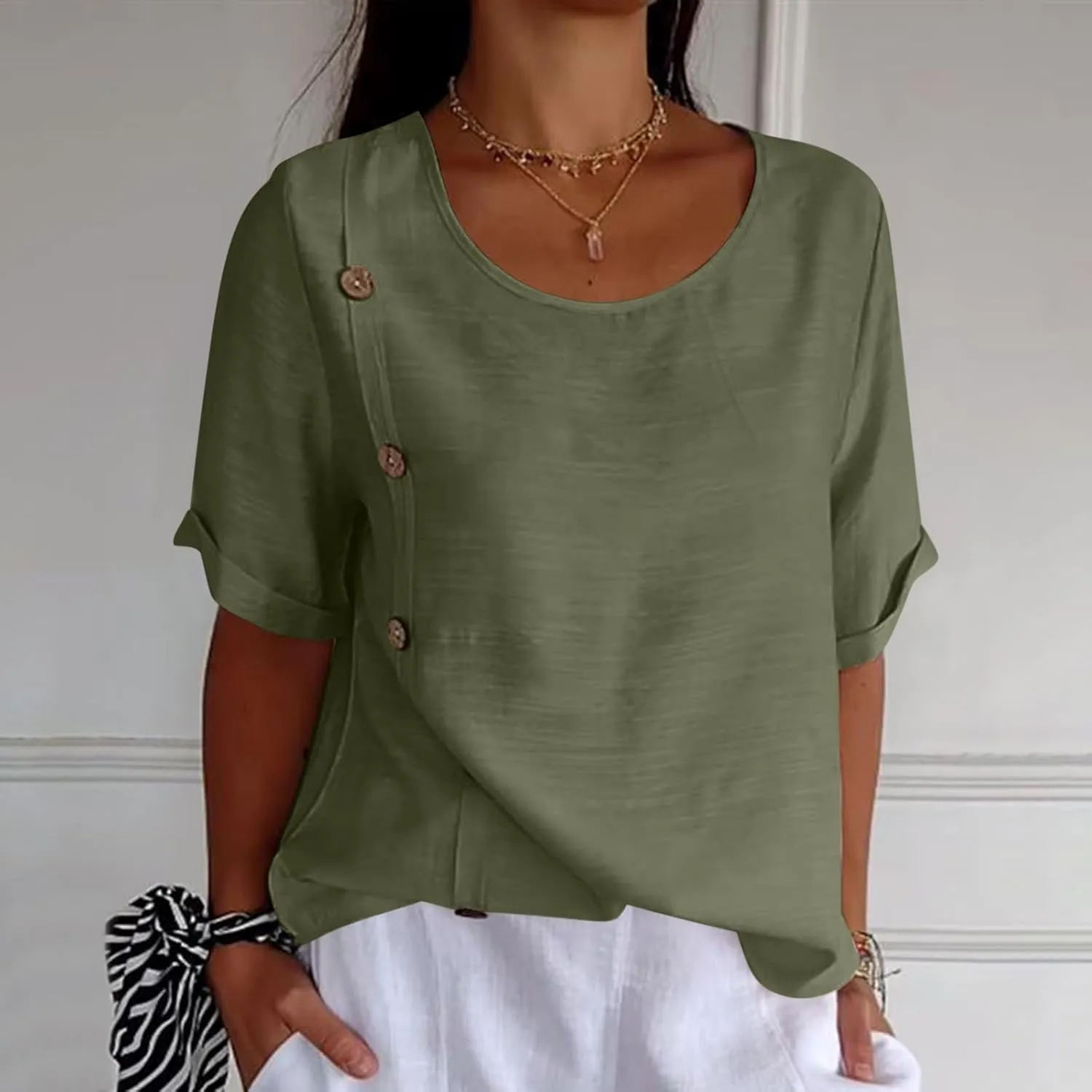 Linen Tops for Women Summer Loose Fit Crewneck Button Down Blouse Shirts Dressy Casual Short Sleeve Clothes
