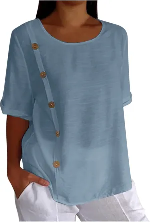 Linen Tops for Women Summer Loose Fit Crewneck Button Down Blouse Shirts Dressy Casual Short Sleeve Clothes