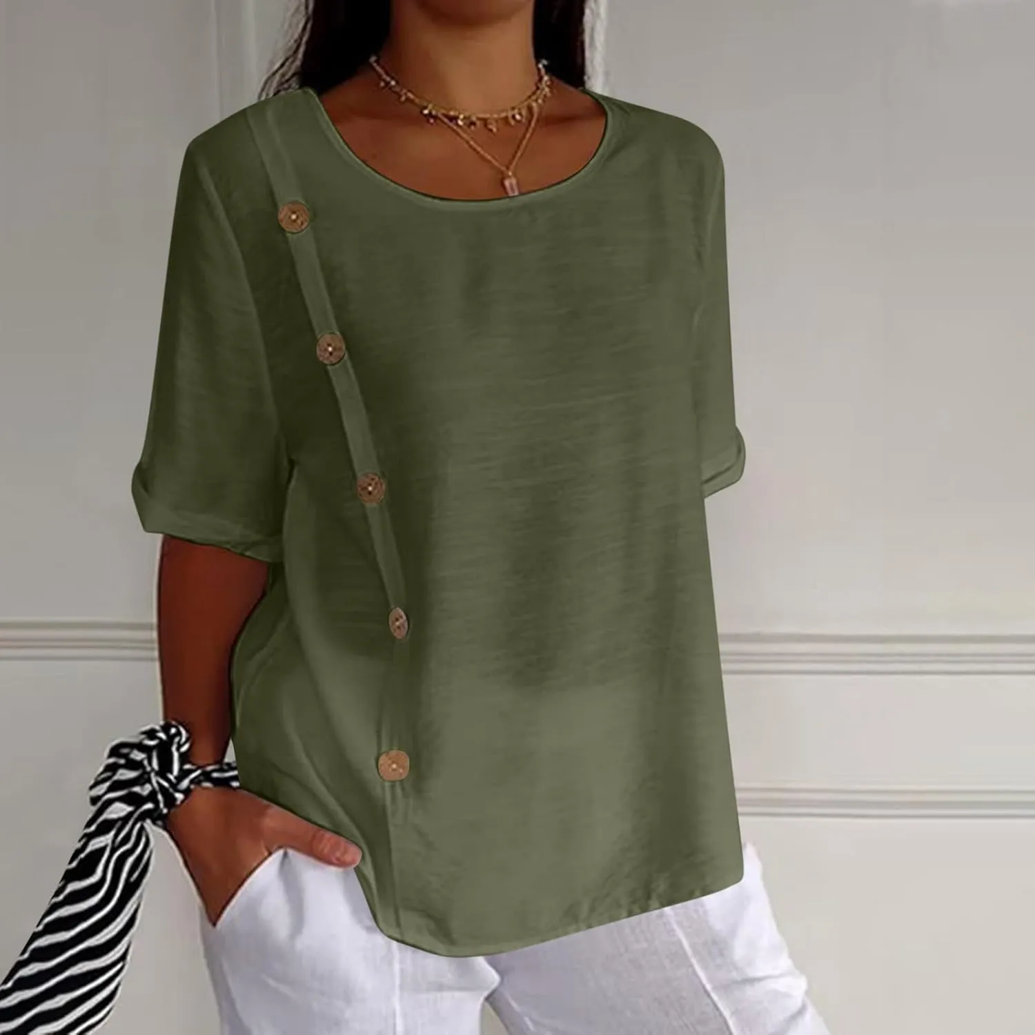 Linen Tops for Women Summer Loose Fit Crewneck Button Down Blouse Shirts Dressy Casual Short Sleeve Clothes