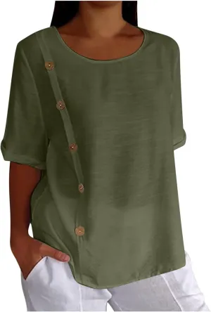 Linen Tops for Women Summer Loose Fit Crewneck Button Down Blouse Shirts Dressy Casual Short Sleeve Clothes