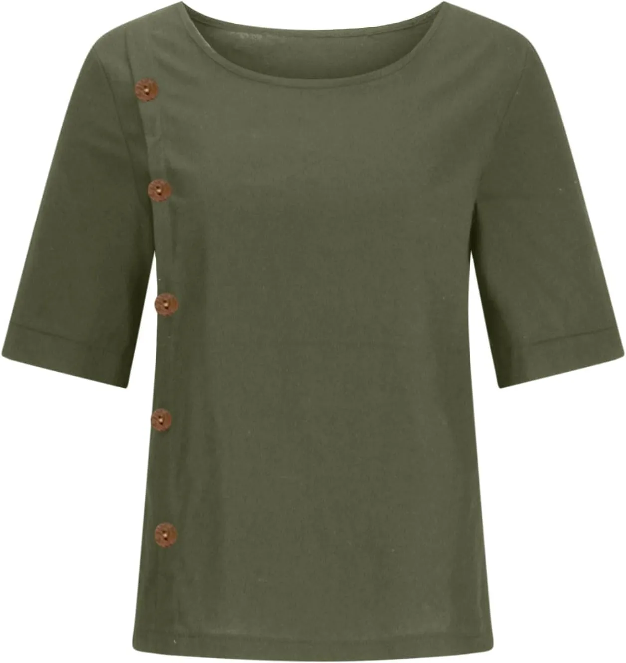 Linen Tops for Women Summer Loose Fit Crewneck Button Down Blouse Shirts Dressy Casual Short Sleeve Clothes